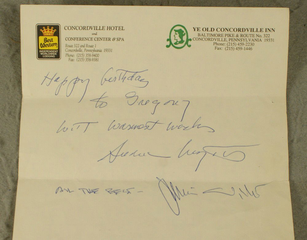 Andrew Wyeth & Jamie Wyeth, a signed noted in bot: Andrew Wyeth & Jamie Wyeth, a signed noted in both hands wishing ""Happy Birthday to Gregory with warmest wishes, Andrew Wyeth" and "All the Best-Jamie Wyeth", on a piece of stationary from Ye Old Con