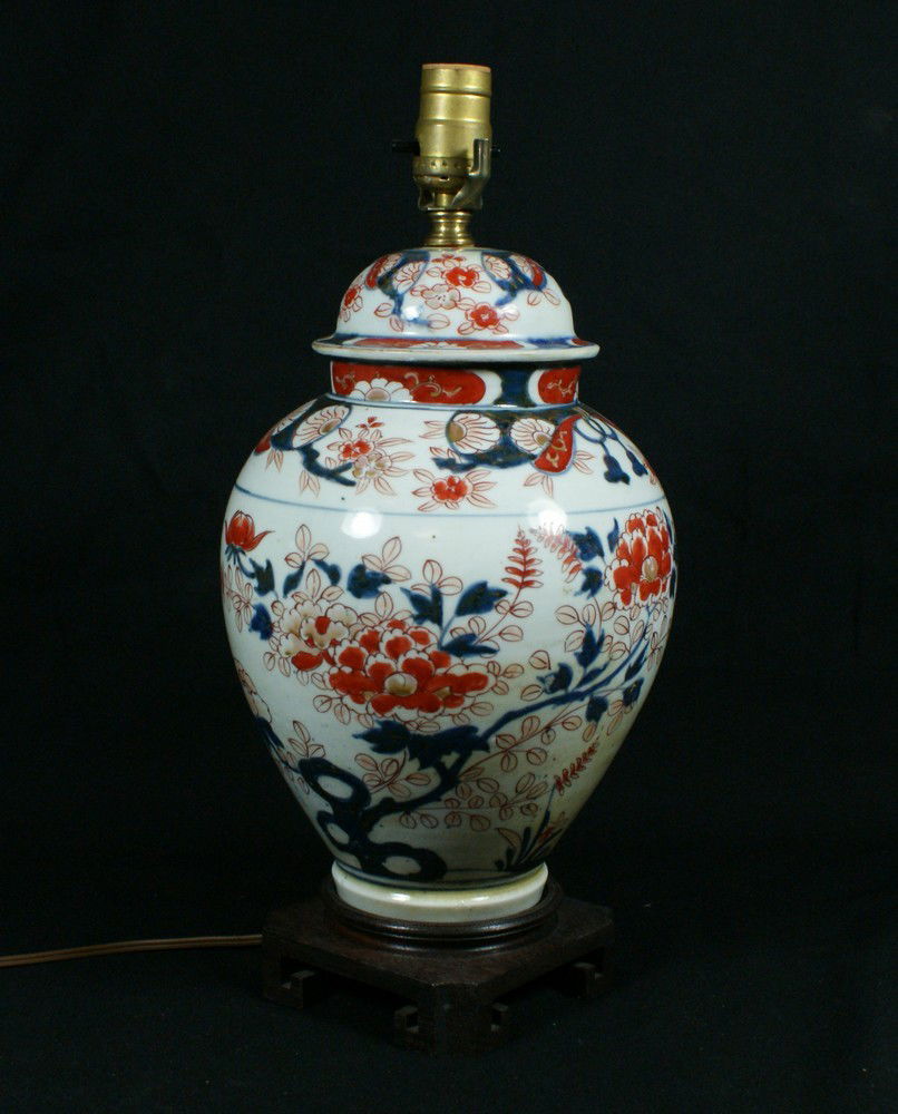Early Japanese Imari Porcelain Ginger Jar convert: Early Japanese Imari Porcelain Ginger Jar converted to a lamp, jar circa 1800, 13" high, an area of repair where the finial used to be attached to lid, no other condition issues