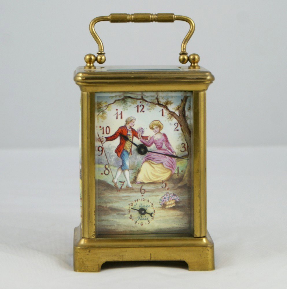 French carriage clock with courting scene enamele: French carriage clock with courting scene enameled copper panels set in all 4 sides, alarm movement, dial marked L. Ange, Paris, 5 3/4" h, runs reluctantly