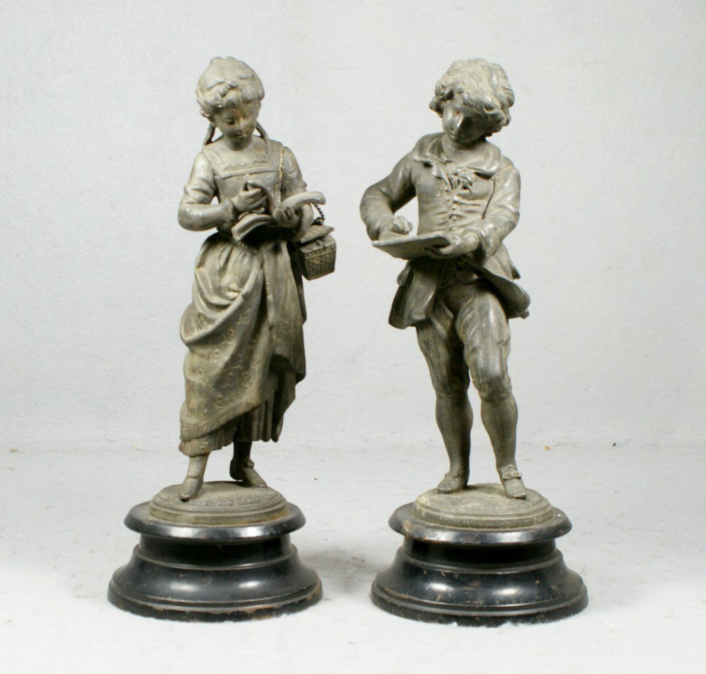 Pr Victorian white metal figures, young boy & gir: Pr Victorian white metal figures, young boy & girl reading, evenly oxidized, 13" tall