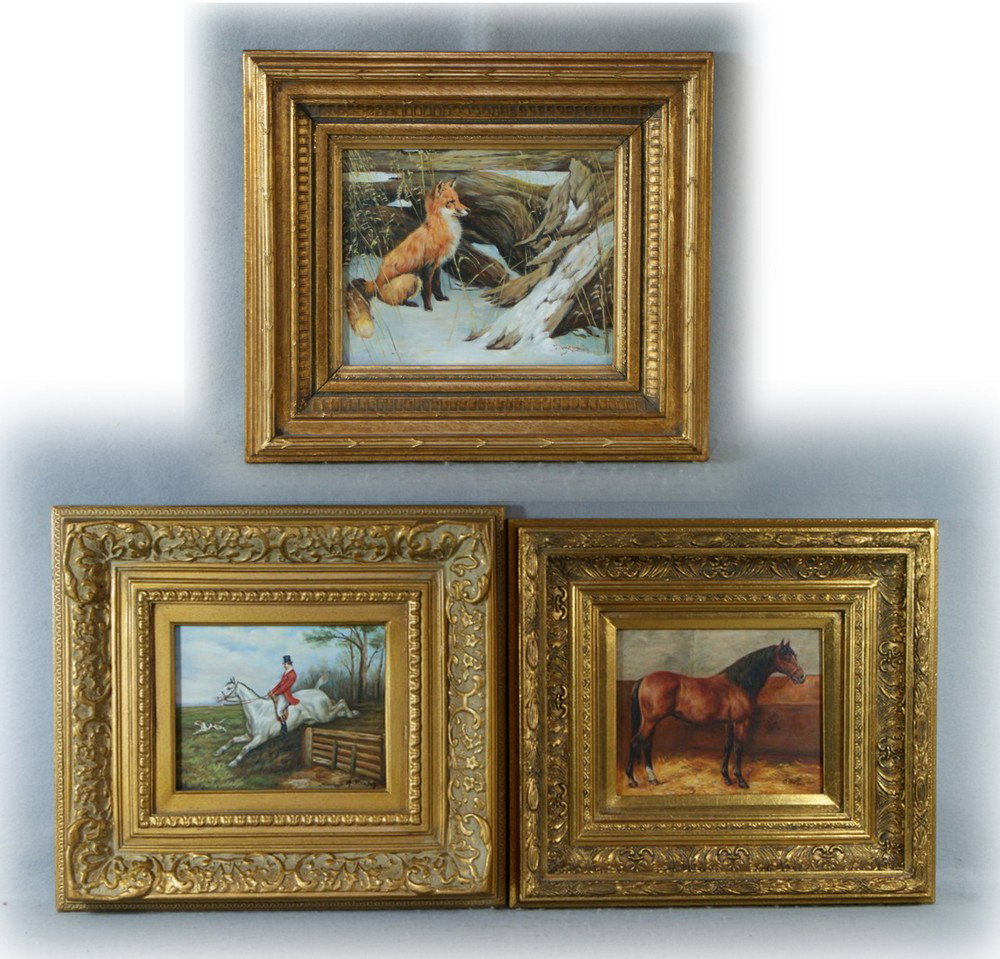 (3) 20th c decoratives oils on panel with equestr: (3) 20th c decoratives oils on panel with equestrian themes, all 8" x 10", Red Fox, Horse Taking a Jump, Horse Standing, all in gilt frames
