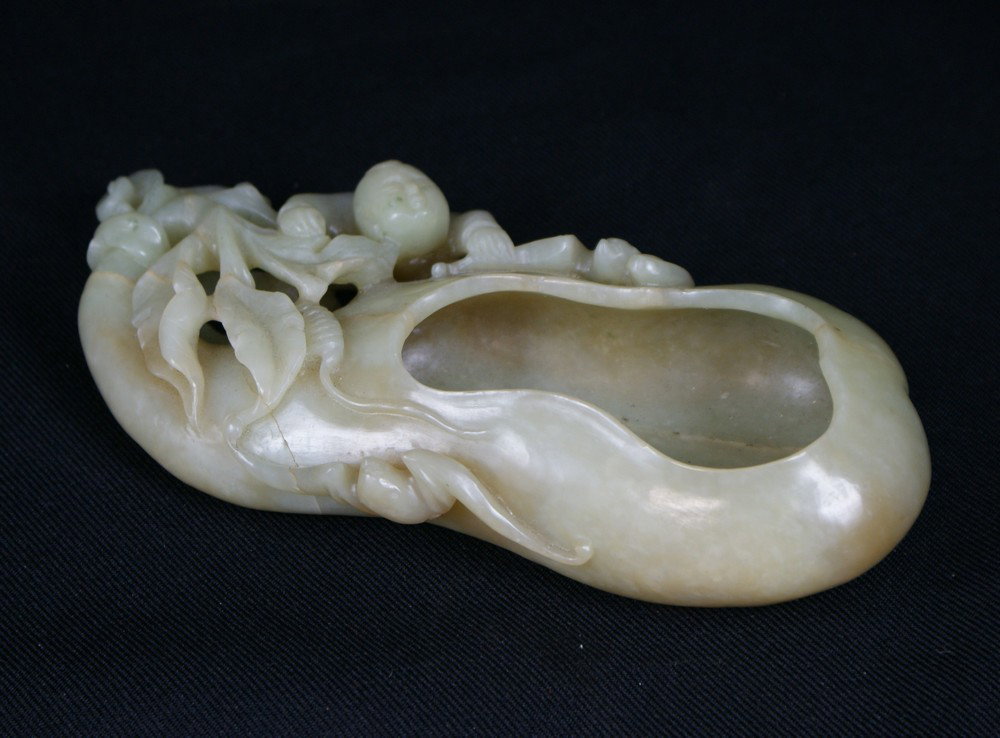 Carved Jade Water Coupe, gourd shaped with vines,: Carved Jade Water Coupe, gourd shaped with vines, bats and a figure, 19th century or earlier, 6-1/4" long