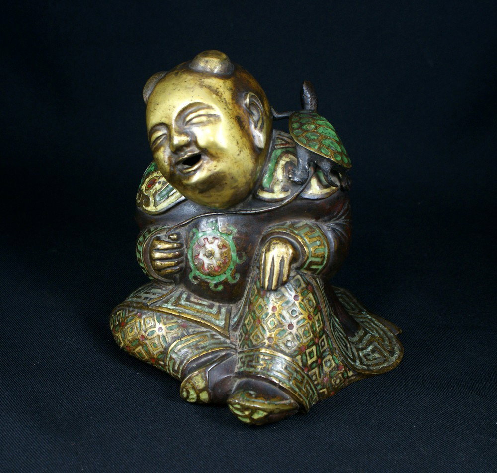 Important Chinese Champlevé and Bronze figure wit: Important Chinese Champlevé and Bronze figure with a turtle on his back, 18th century, approx 7-1/4" high