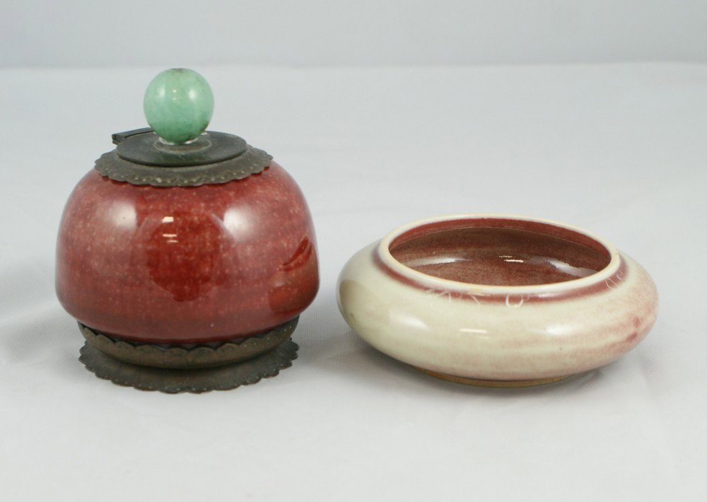 (2) pcs Chinese Porcelain, including a peach bloo: (2) pcs Chinese Porcelain, including a peach bloom brush washer, mid 19th century, together with an early Sang De Boeuf water coupe, mounted later in china as an inkwell in brass with jade finial, app