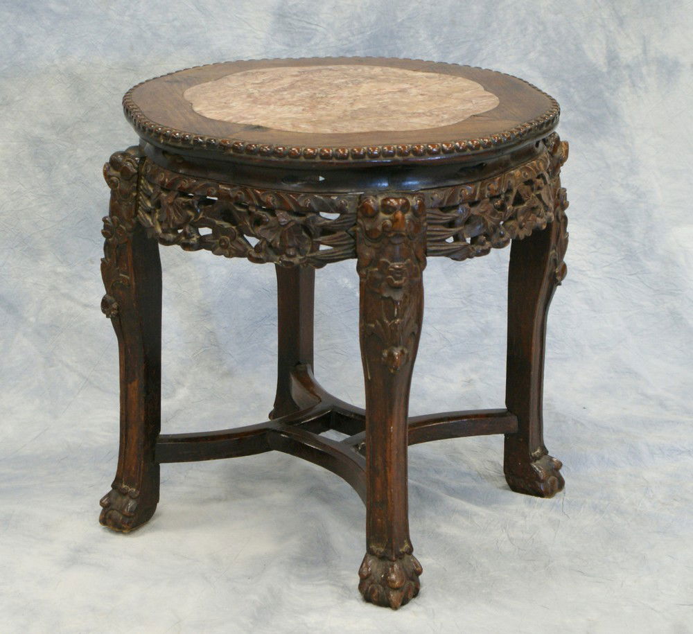 Chinese Teakwood Marble Top Taboret, approx 17-1/: Chinese Teakwood Marble Top Taboret, approx 17-1/2" diameter and 18" high