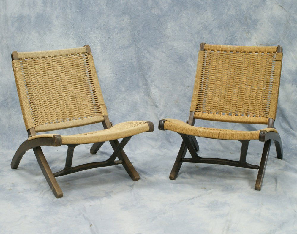Pr Mid Century Modern Style folding chairs, after: Pr Mid Century Modern Style folding chairs, woven rope seats and backs, after Hans Wegner by Knoll, unmarked, may be Japanese, 29” high