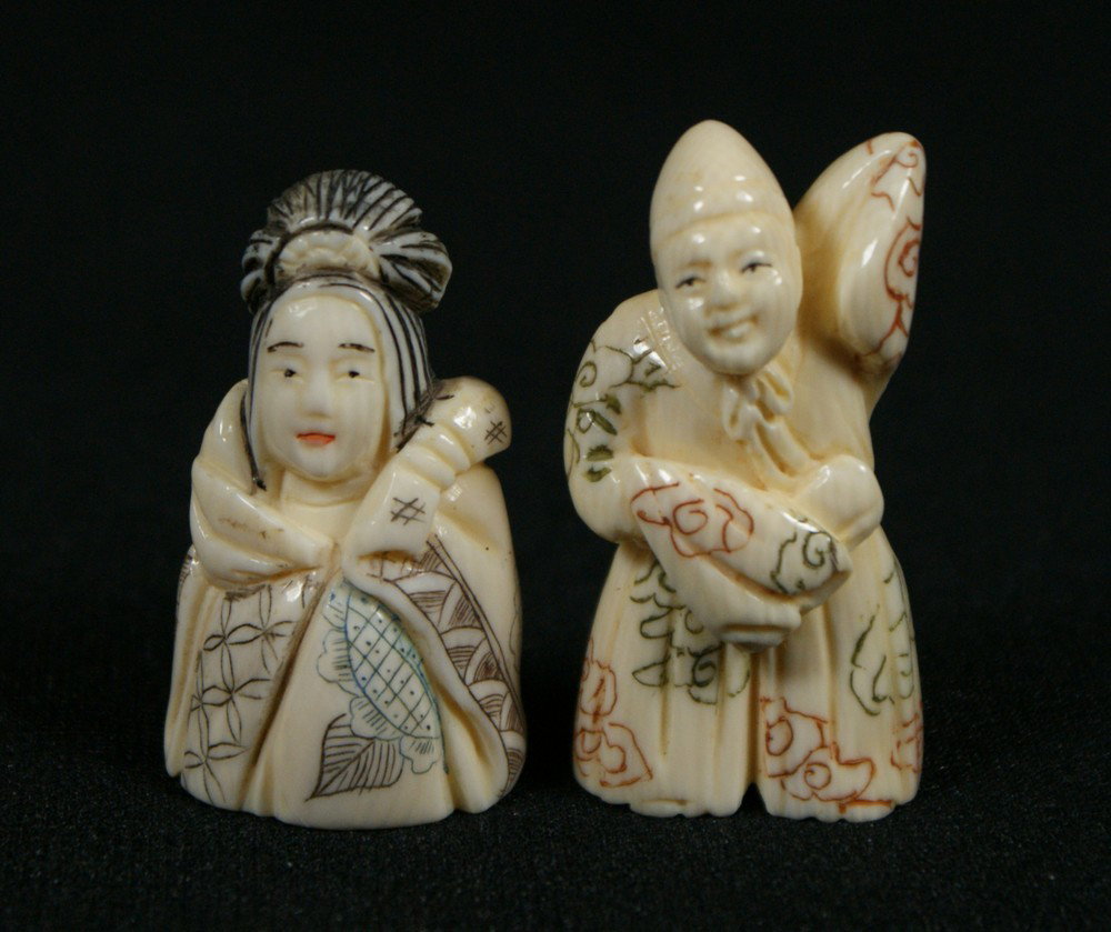 2 carved ivory netsuke, women figures, tallest 1: 2 carved ivory netsuke, women figures, tallest 1 3/4", sold subject to ivory export/import laws, we will not ship any ivory to California