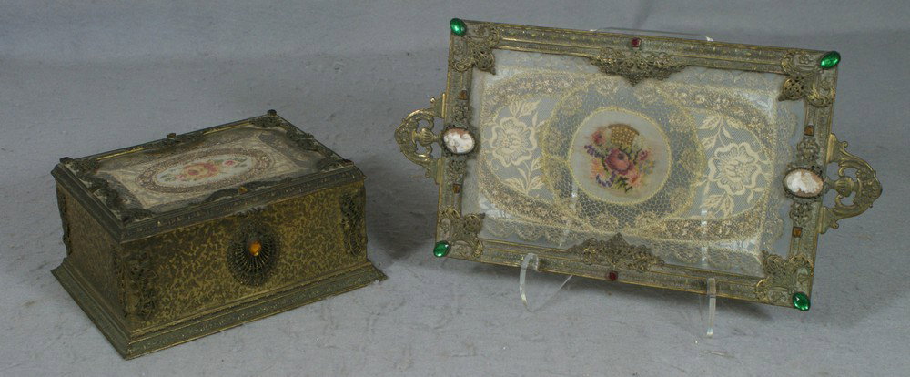 Silvercraft brass patinated dresser box and tray,: Silvercraft brass patinated dresser box and tray, filigree and faceted stone decoration, inset with petit point lace panels, box 8 1/2" w, tray 14" long
