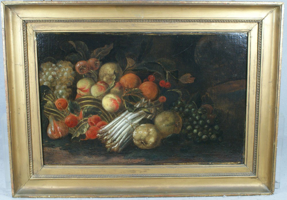 Continental school, 19th c, o/c, Fruit & Asparagu: Continental school, 19th c, o/c, Fruit & Asparagus Table Top Still Life, 14" x 22", unsigned, relined, 19th c frame,