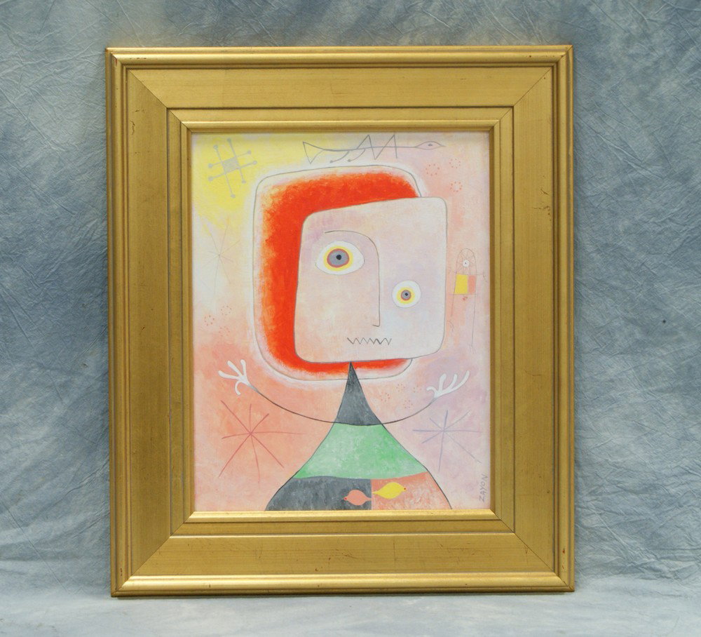 Seymour Zayon, American, 1930, Portrait, "Young g: Seymour Zayon, American, 1930, Portrait, "Young girl in front of the sun", in light shades of orange, yellow, green and white, acrylic on canvas board, 17"x20", Signed BR