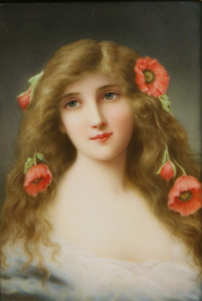 KPM porcelain plaque, Maiden with Flowers in Hair: KPM porcelain plaque, Maiden with Flowers in Hair, 7 1/2" x 5 1/4", in ornate pierce carved gilt frame, impressed sceptre mark, 11 3/16" x 9",
