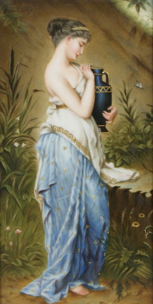 KPM porcelain plaque, "Psyche mit der Urne" signe: KPM porcelain plaque, "Psyche mit der Urne" signed "after R. Beyschlag", in newer gilt frame, impressed sceptre mark & KPM, 8 3/16" x 4 3/8"