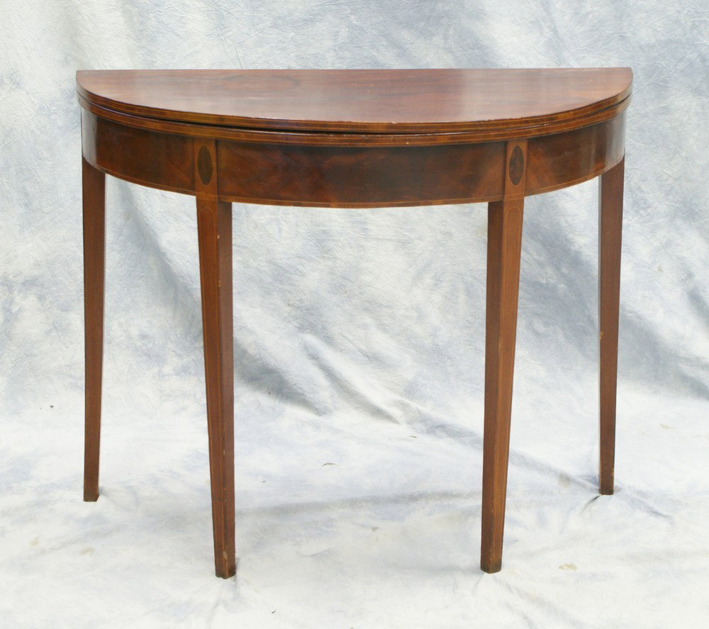 Mahogany demilune Hepplewhite card table with st: Mahogany demilune Hepplewhite card table with string inlay, late 18th/19th c, 36" w, 17 1/2" d, 29 1/2" h