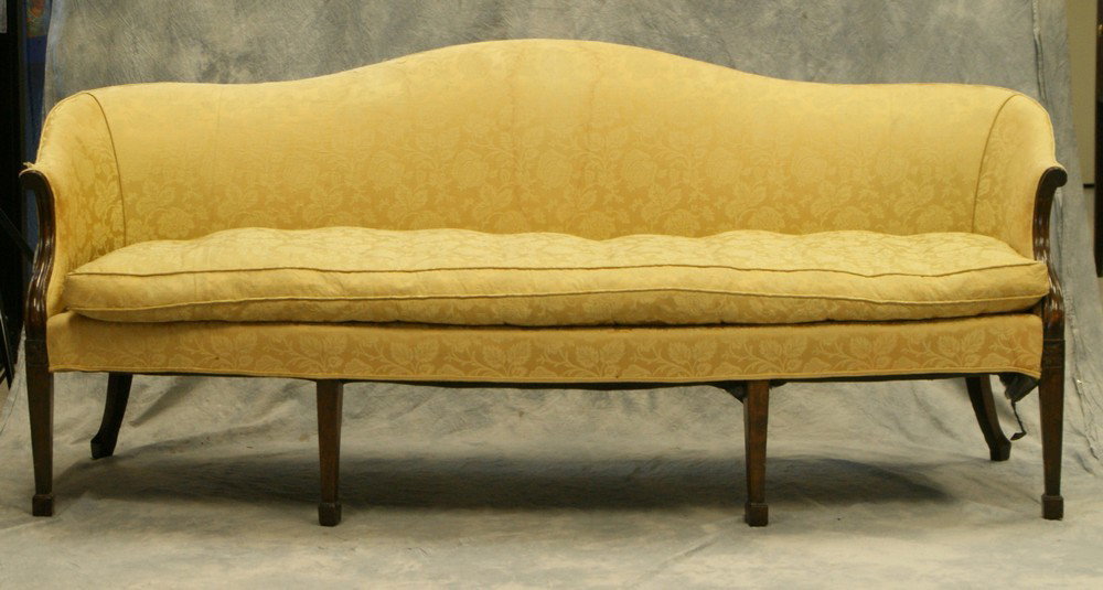 Georgian Hepplewhite camelback sofa, tapered leg: Georgian Hepplewhite camelback sofa, tapered legs with spade feet, loose cushion, Alfred Bullard label, 19th c, 80" w, 34 1/2" h, 33" d, In need of re-upholstery, frame solid, missing two legs from re