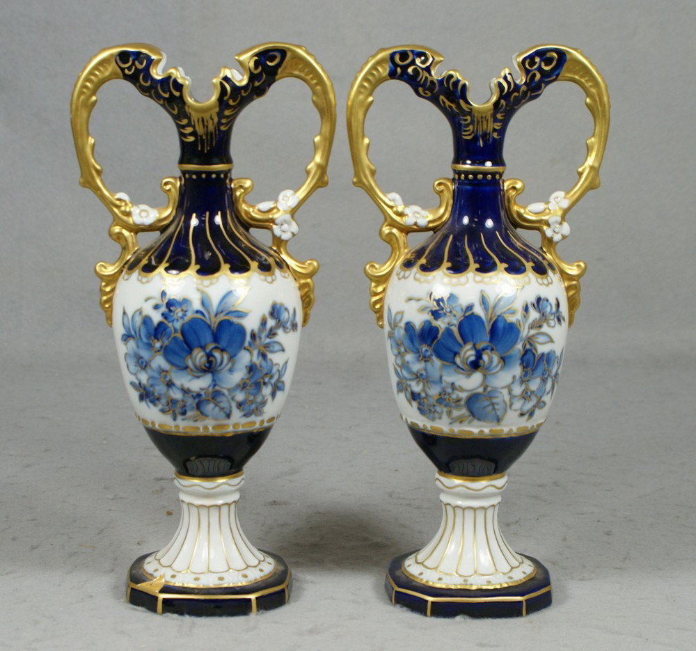 Pr Royal Dux cobalt & gilt vases, pink triangular: Pr Royal Dux cobalt & gilt vases, pink triangular mark, 11" tall, no damage