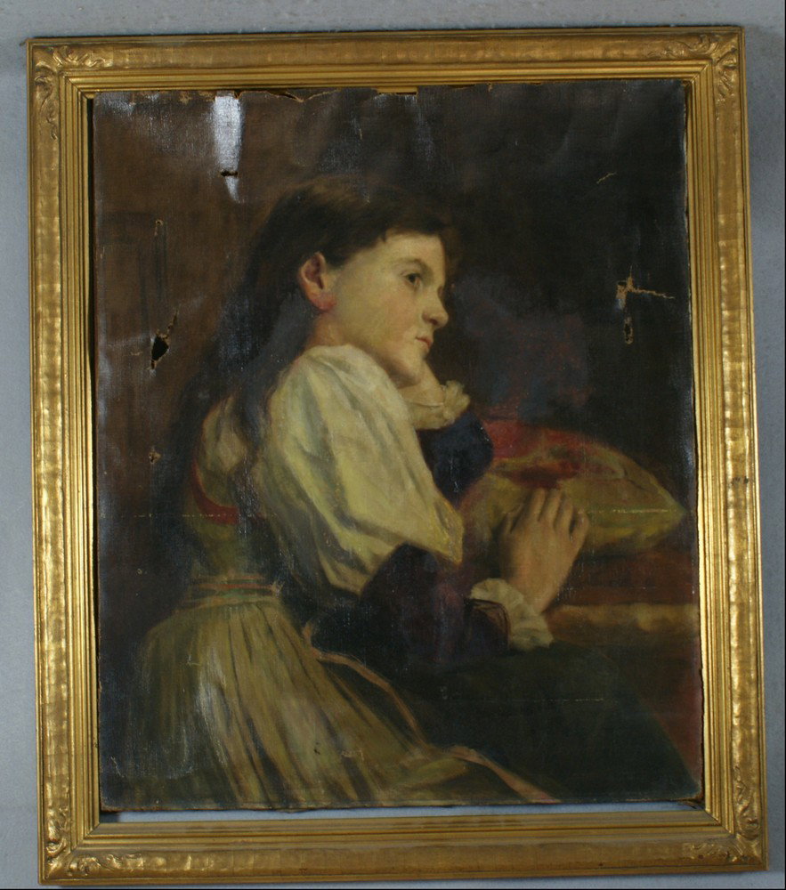 Ludwig Ernes Faber, American, 1855-1913, o/c, You: Ludwig Ernes Faber, American, 1855-1913, o/c, Young Woman Seated, 24" x 20", poor condition, tears, separated from stretcher, signed and dated "L. E. Faber/Paris/91". Faber exhibited at the Paris Salo