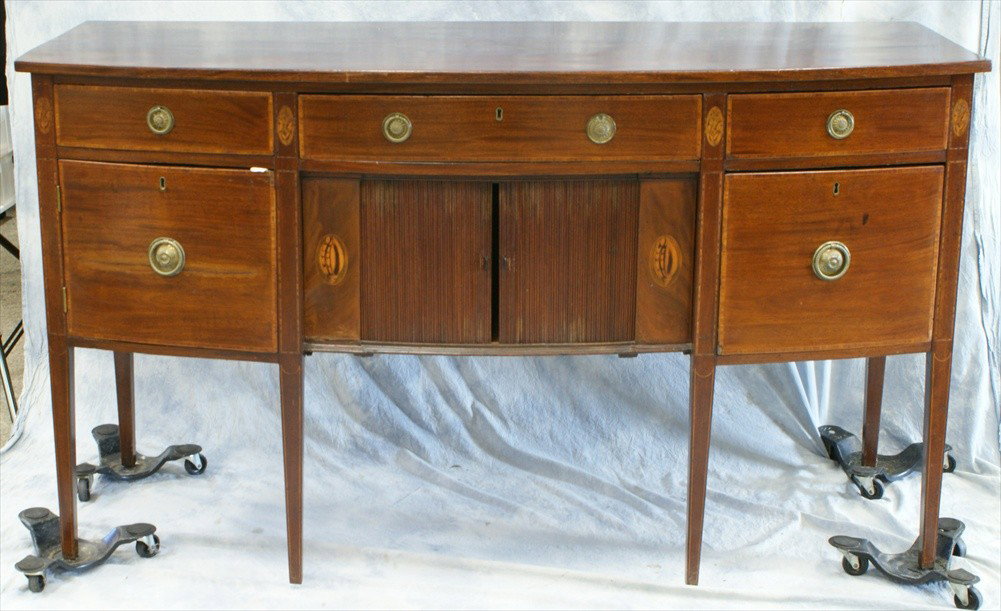 Inlaid mahogany Georgian Hepplewhite sideboard, : Inlaid mahogany Georgian Hepplewhite sideboard, right drawer fitted for bottles, central compartment with tambour closures, original brass lacking one bail, late 18th c, 68" w, 27" d, 39" h