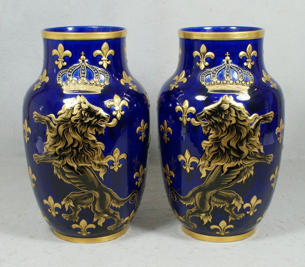 Pr Keller & Guerin, Luneville gilt & cobalt vases: Pr Keller & Guerin, Luneville gilt decorated cobalt pottery vases, crowned lion rampant decoration with overall fleur de lis, bottom with a gilt KG conjoined mark, after 1880, perfect condition, 13 3/