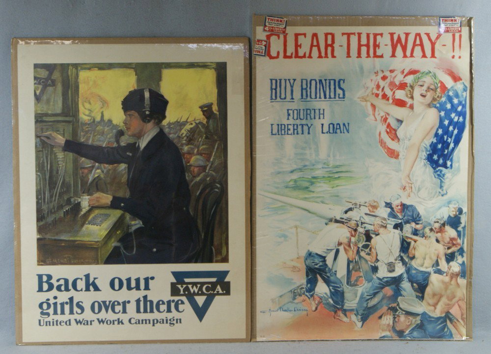 (2) WWI Posters, Howard Chandler Christy for Lib: (2) WWI Posters, Howard Chandler Christy for Liberty Loan series. Titled "Clear the Way Buy Bonds." Published by Forbes of Boston, 20" x 30" and "Back Our Girls Over There", YWCA poster, from the pain