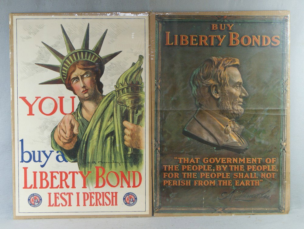 (2) WWI Posters, Buy Liberty Bonds, Lincoln Bust: (2) WWI Posters, Buy Liberty Bonds, Lincoln Bust / Gettysburg Address, 30" x 20", "You Buy A Liberty Bond / Lest I Perish", 1917, illus by C. R. Macauley, 30" x 20"