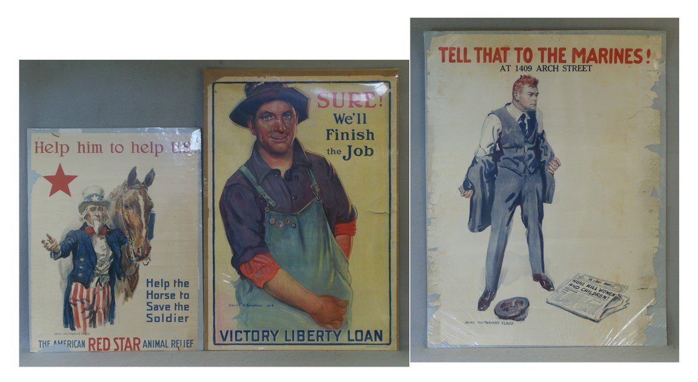 (3) WWI Posters, "Help Him to Keep U.S.", Help t: (3) WWI Posters, "Help Him to Keep U.S.", Help the Horse Save the Soldier, American Red Star Animal Relief, James Montgomery Flagg, 31" x 23", losses to edges, "Sure We'll Finish the Job", Gerret Bene