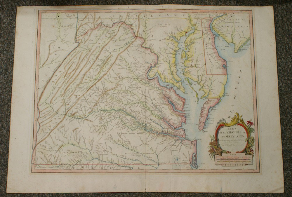 MAP OF VA & MD, after Peter Fry & Peter Jefferson: MAP OF VA & MD, after Peter Fry & Peter Jefferson; Carte de la Virginie et du Maryland. [Paris]: 1755. Hand-colored double-page engraved map Robert de Vaugondy's important reduction of Fry and Jeffers