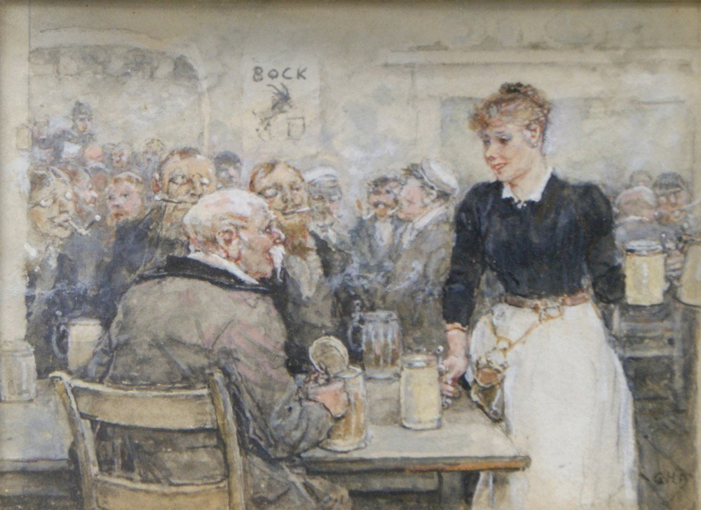 Attributed to George Henry Boughton, English, 183: Attributed to George Henry Boughton, English, 1833-1905, watercolor on paper, tavern scene with waitress and patrons, initialed GHB lower right hand corner, 3-5/8" x 5"