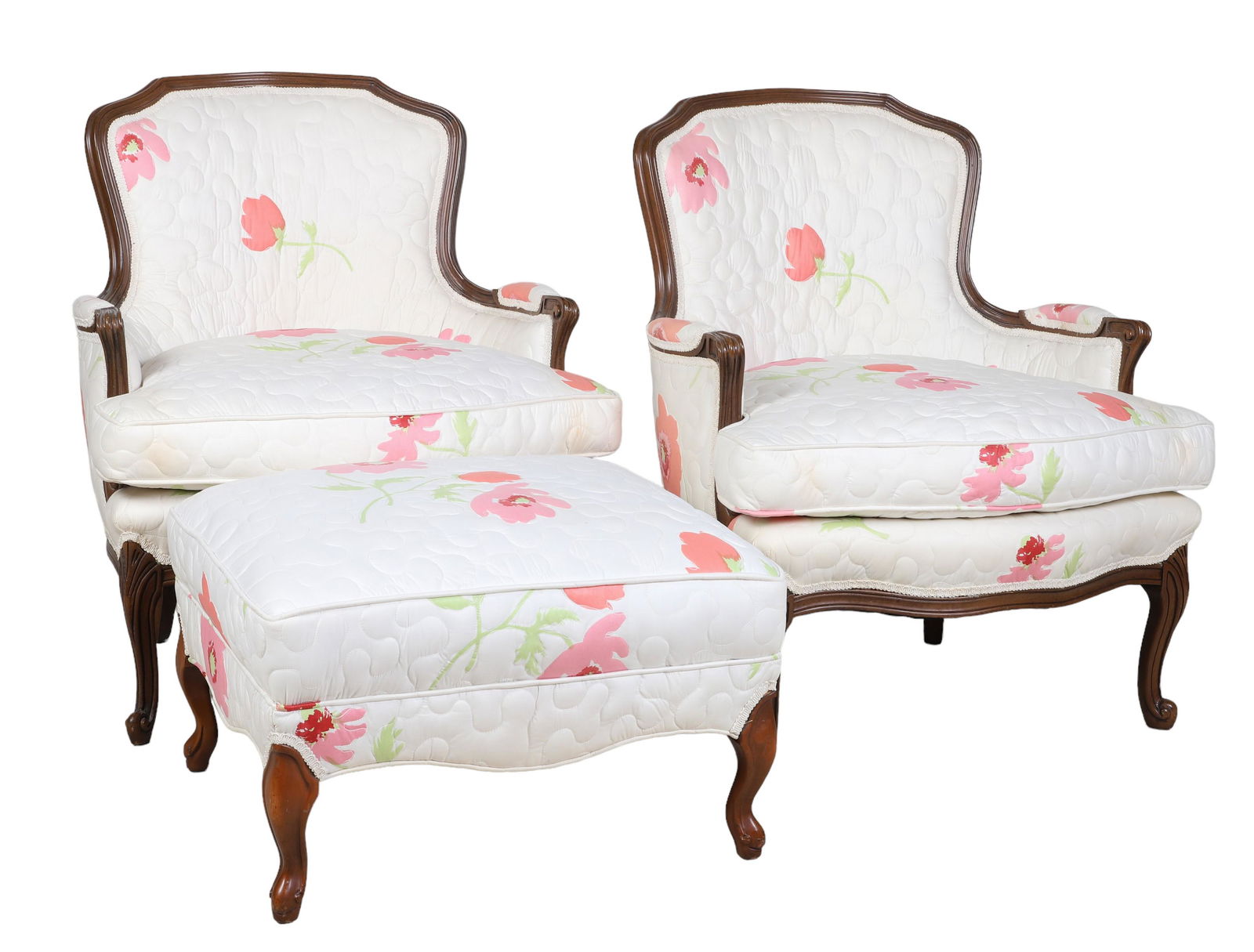Pair Louis XVI style upholstered armchairs w/ ottoman (1 of 7)