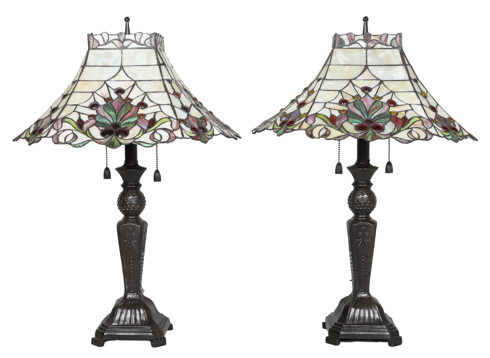 Tiffany Style Stained Glass Table Lamp Pair (1 of 4)