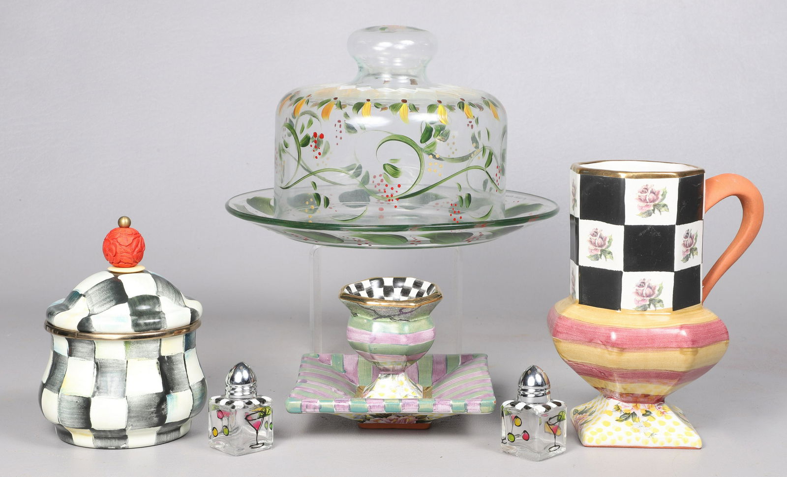 (6) MacKenzie Childs & Style Items: (6) MacKenzie Childs & style items, c/o Torquay Frank Mustard porcelain pedestal mug (6-3/8" h), green Torquay egg cup (4-7/8" sq x 3-1/2" h), Courtly Check enamel lidded sugar bowl with cinnabar fini