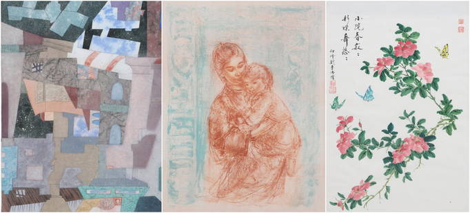 (3) Framed Artworks: (3) Framed artworks, Helene Sayshe textile collage, Edna Hibel signed Lithograph, and Asian watercolor, largest framed size 37" x 29", good condition
