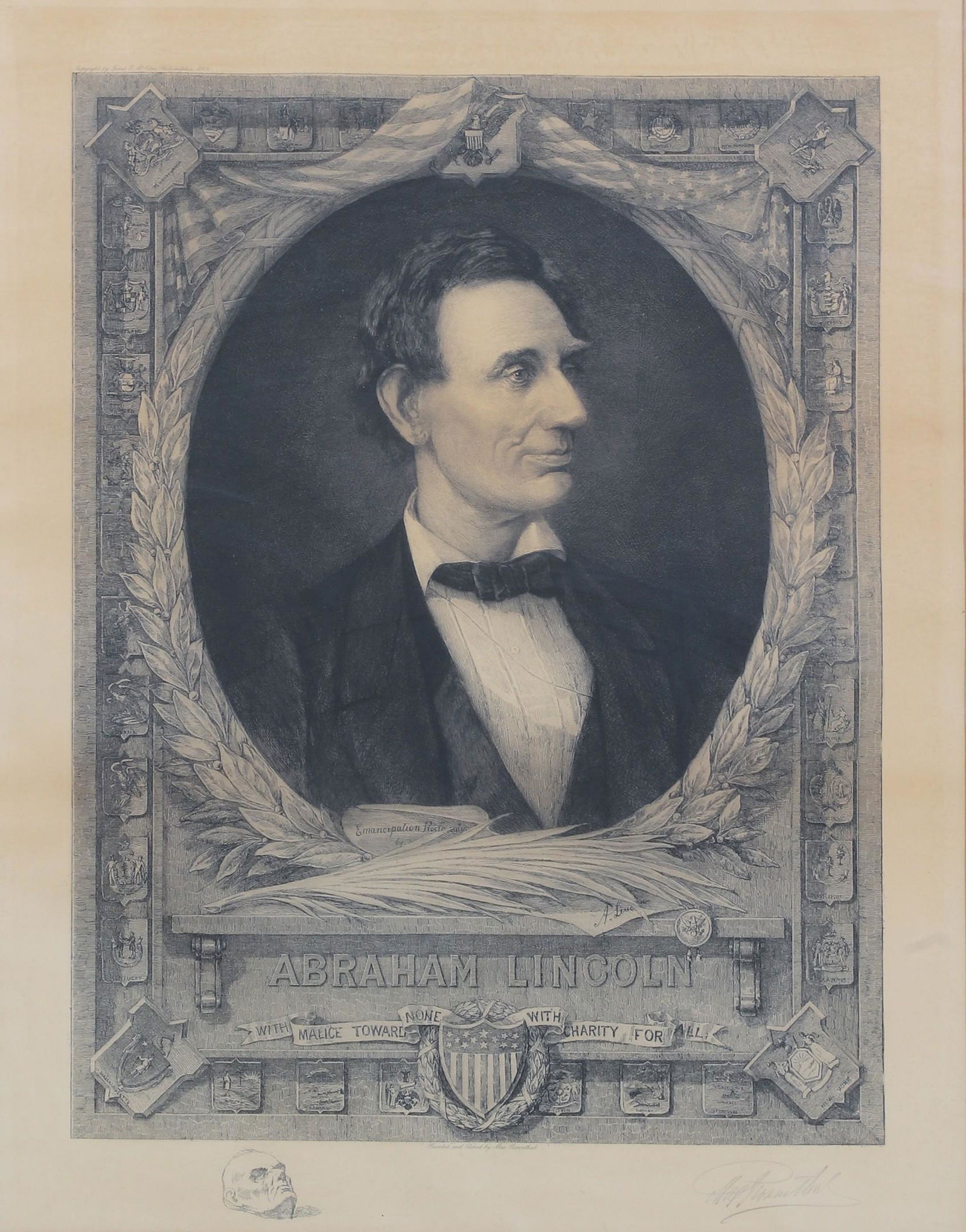Max Rosenthal Etching of Lincoln: Max Rosenthal (American, 1833-1918) etching of Lincoln, drypoint etching on paper, pencil signed Max Rosenthal, mounted in original rosewood and ebonized frame, 27-3/4" x 21-3/4", framed 42" x 35-3/4"