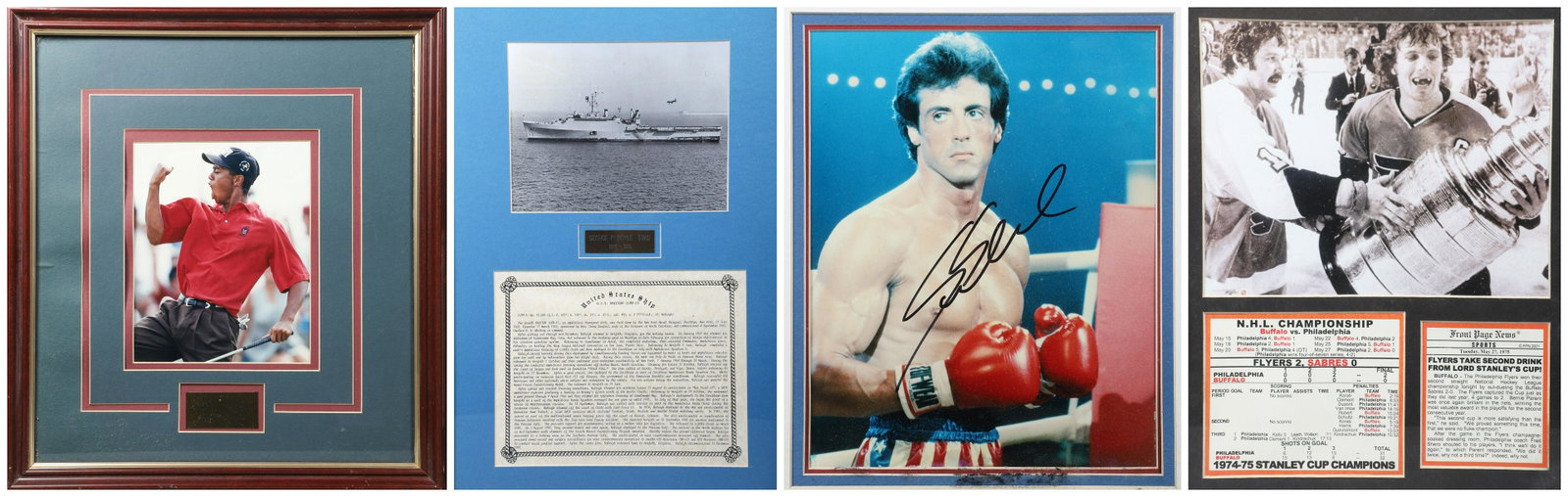 (4) Photographs: (4) Framed photographs, c/o Sylvester Stallone Rocky with signature not likely his (19" x 17" overall, mold to mat), 1974-75 Philadelphia Flyers Stanley Cup (16-5/8" x 13-5/8" overall), Tiger Woods US