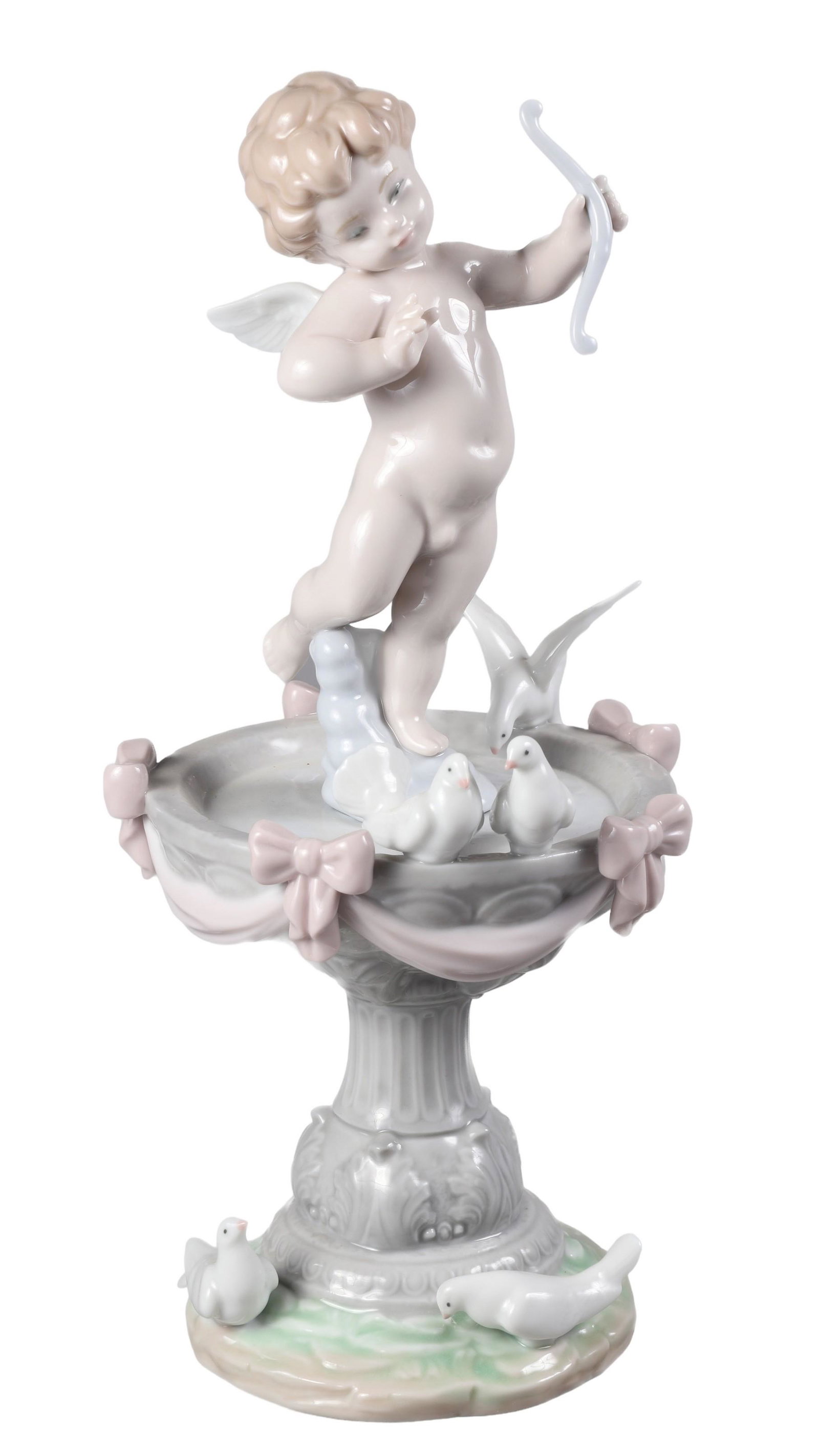 Lladro Fountain of Love Figure: Lladro porcelain "Fountain of Love" figurine #6458, cupid in birdbath with doves, 11" h