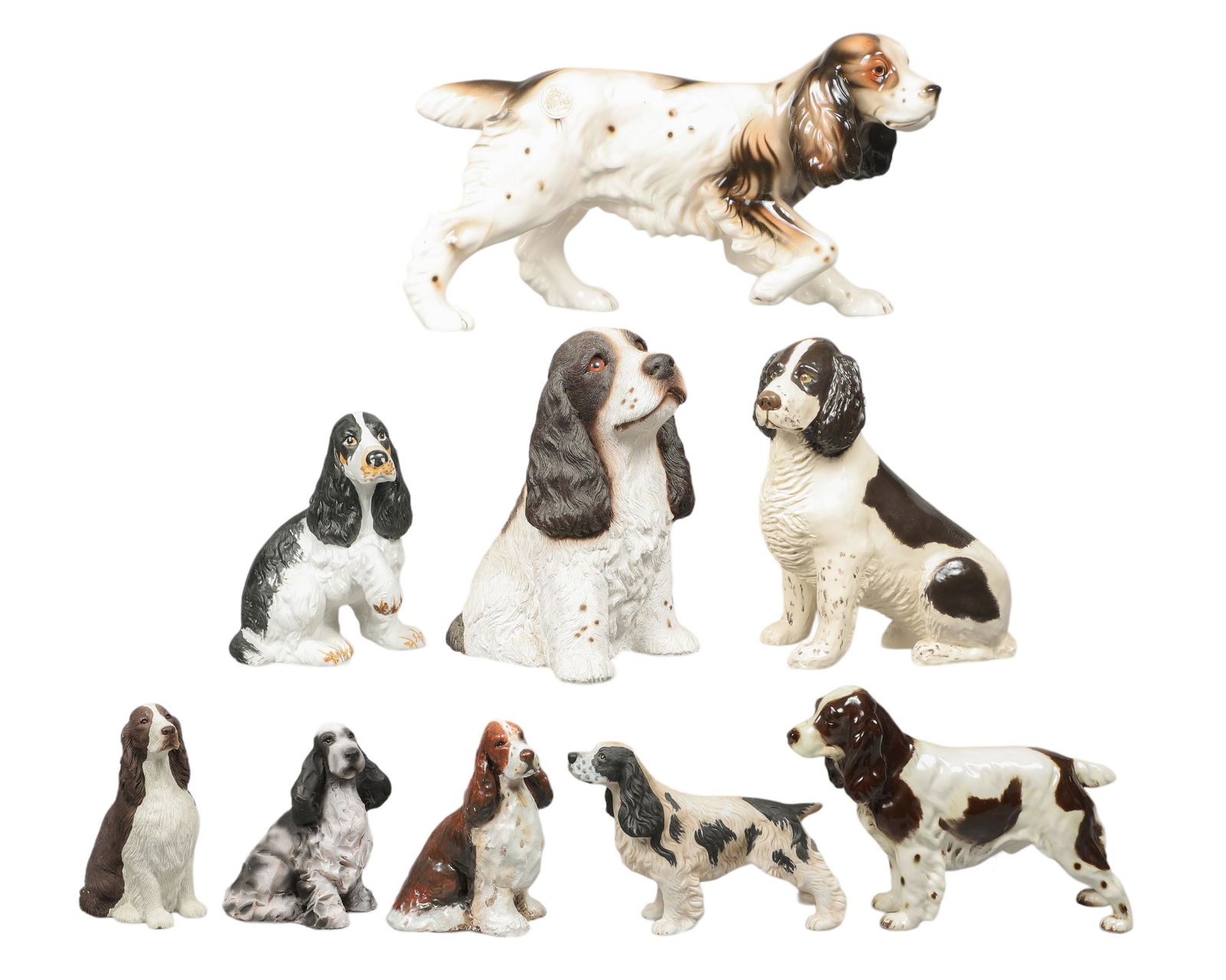 (9) Dog Figures: (9) Spaniel dog figurines, including Keramos porcelain, Lenham pottery, Sandicast, Goebel, 1982 Heavener, 1993 Ron Heavener's "Lancaster Memories" with COA, Aldon Accessories Ltd, tallest 8-1/4", roug