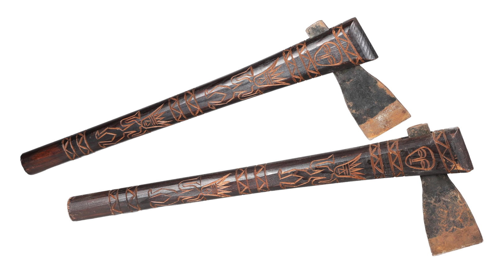 African Carved Wood Axe Pair: African carved wood axe pair, 21-1/2"L