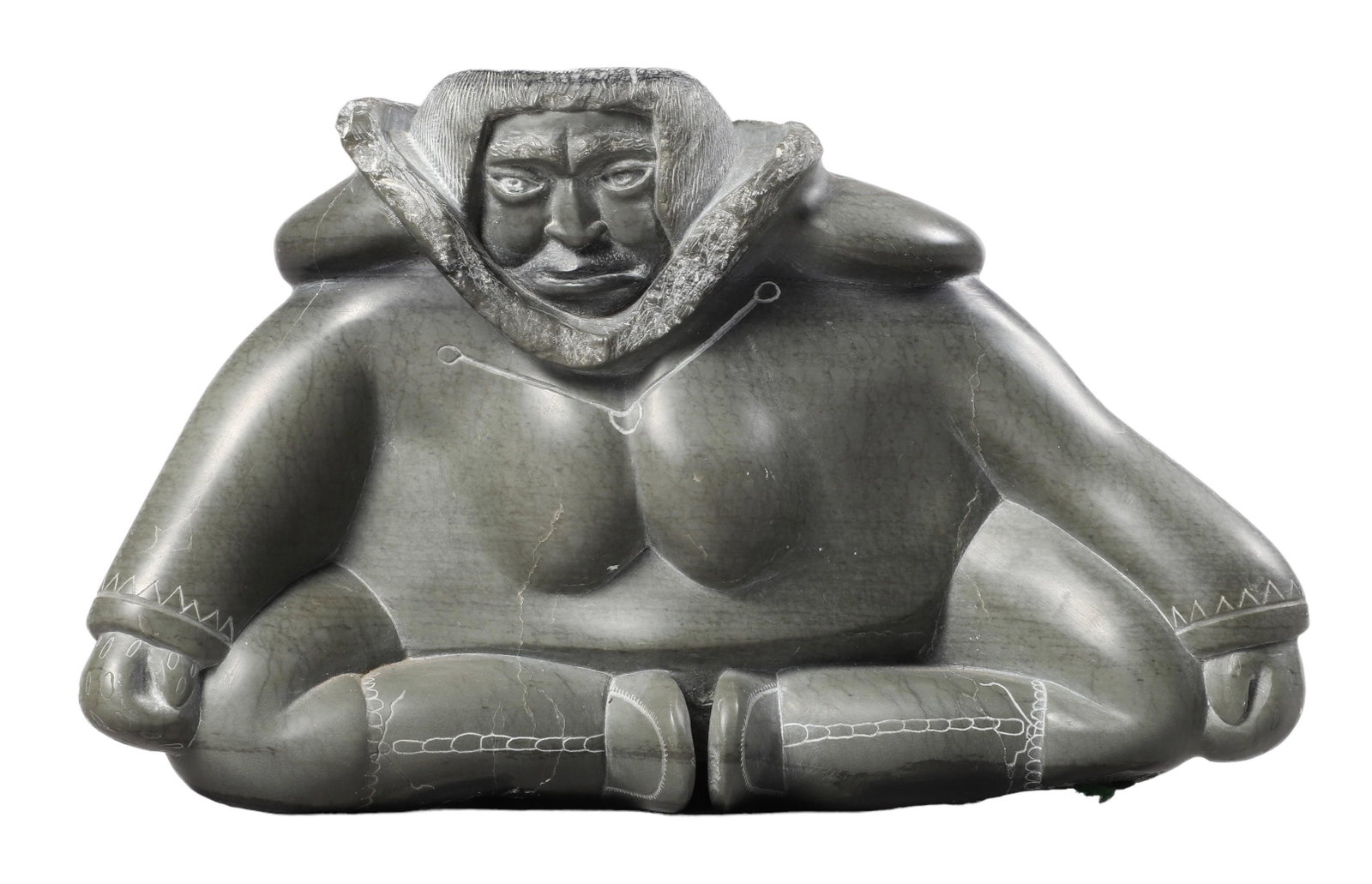 Finely Carved Canadian Soapstone Figure: Finely carved Canadian soapstone figure, a woman, seated with intense gaze, a child on her back, illegibly signed at underside, 7-1/2"L x 4-1/2"H, some dings to edge of coat hood, overall good conditi