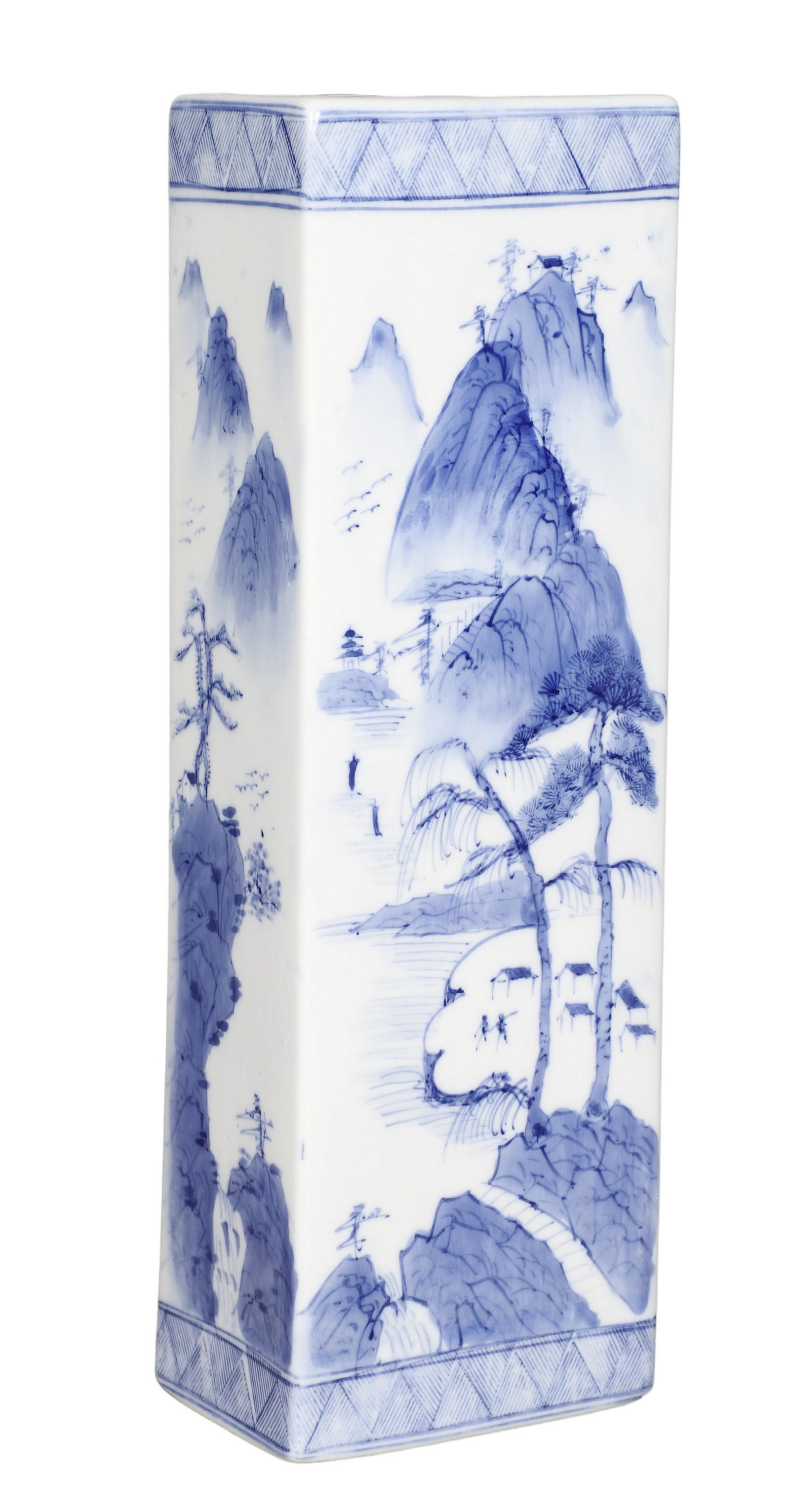 Chinese Porcelain Pillow: Chinese blue & white porcelain pillow, mountain landscape, 14-7/8" x 4-7/8" x 3"