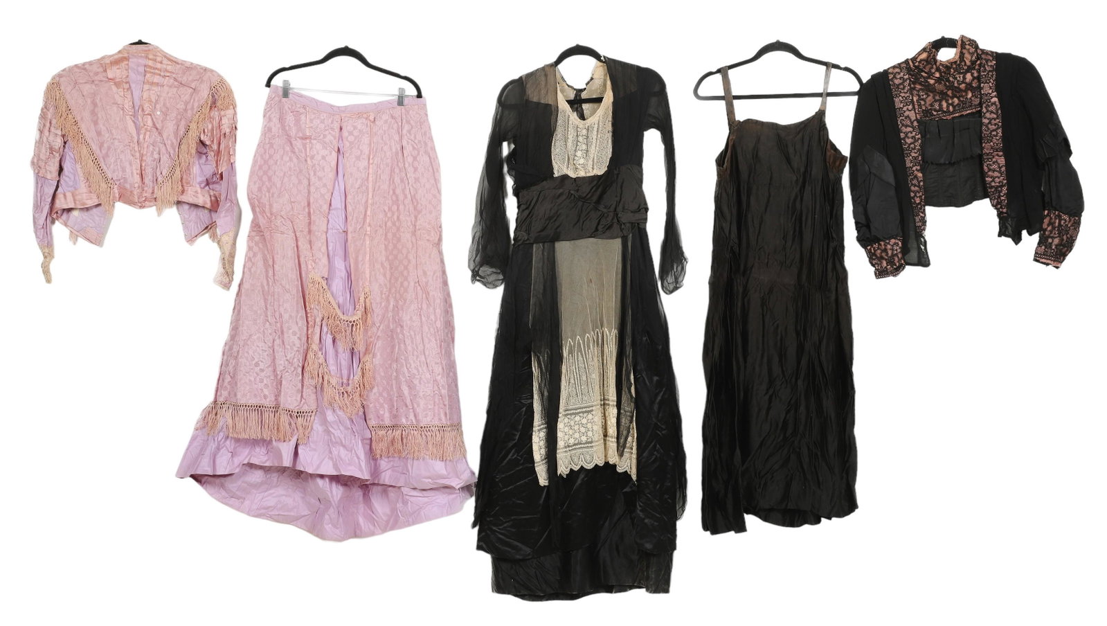 Victorian Skirt, Bodice and Dress Group: Victorian skirt, bodice and dress group, fringed dotted lavender silk jacquard skirt and bodice, in poor condition, breaks, thinning, staining, black lace bodice,poor condition, losses, frays and brea