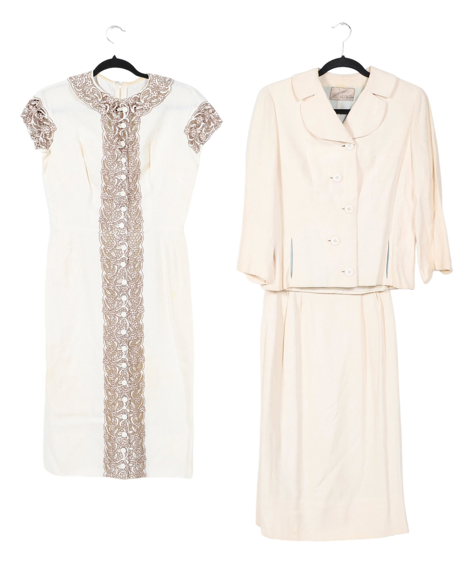 (2) 1950's Garments: (2) 1950's Garments to include cream silk dress with paneled taupe floral pierced and embroidered panel running the front with matched pierced and embroidered decoration at sleeves and shoulders, matc