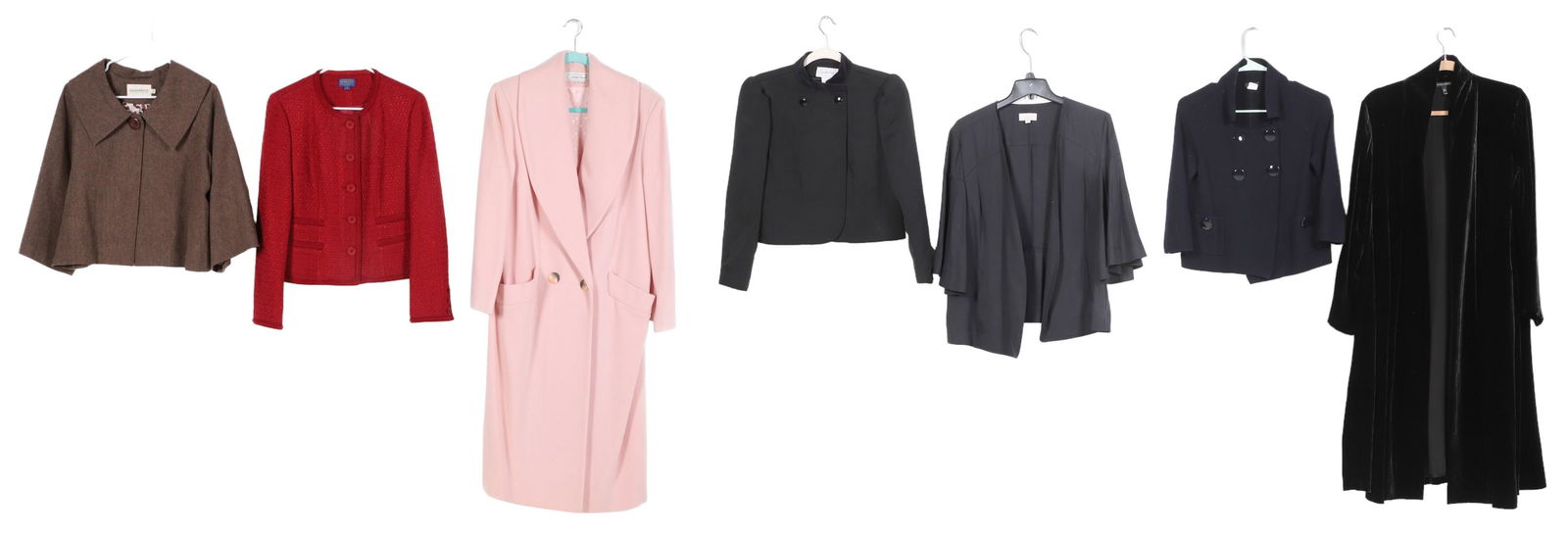 Garment Grouping: Garment grouping to include Michelle Stuart baby pink 80wool/20nylon full length robe coat, shawl collar, pockets at front, double button closure, Pendleton red wool boucle blazer, Eileen Fisher black