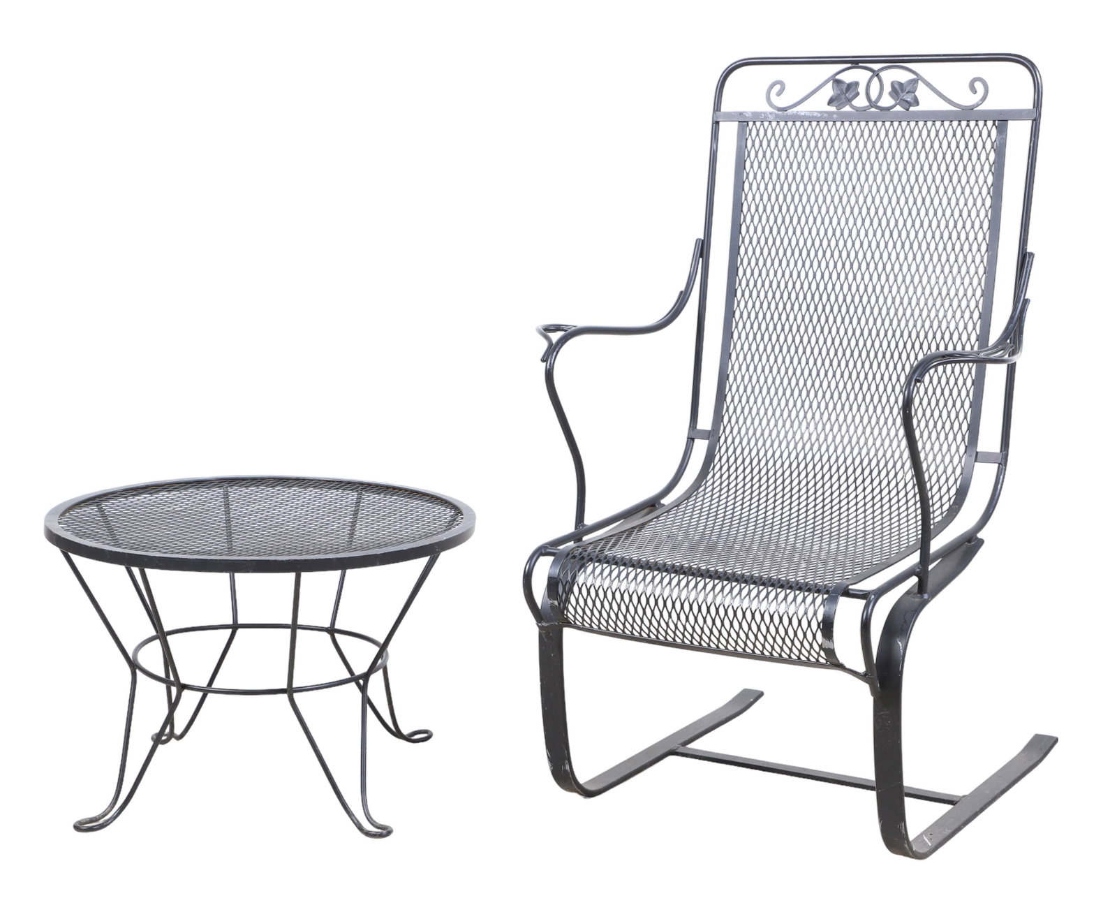 Salterini rocking armchair, Salterini round side table: Salterini rocking armchair, ebonized with vine decoration, grated seat and back, 42"h x 25"w x 26"d, along with Salterini round side table, ebonized with grated top, 16"h x 25"diameter