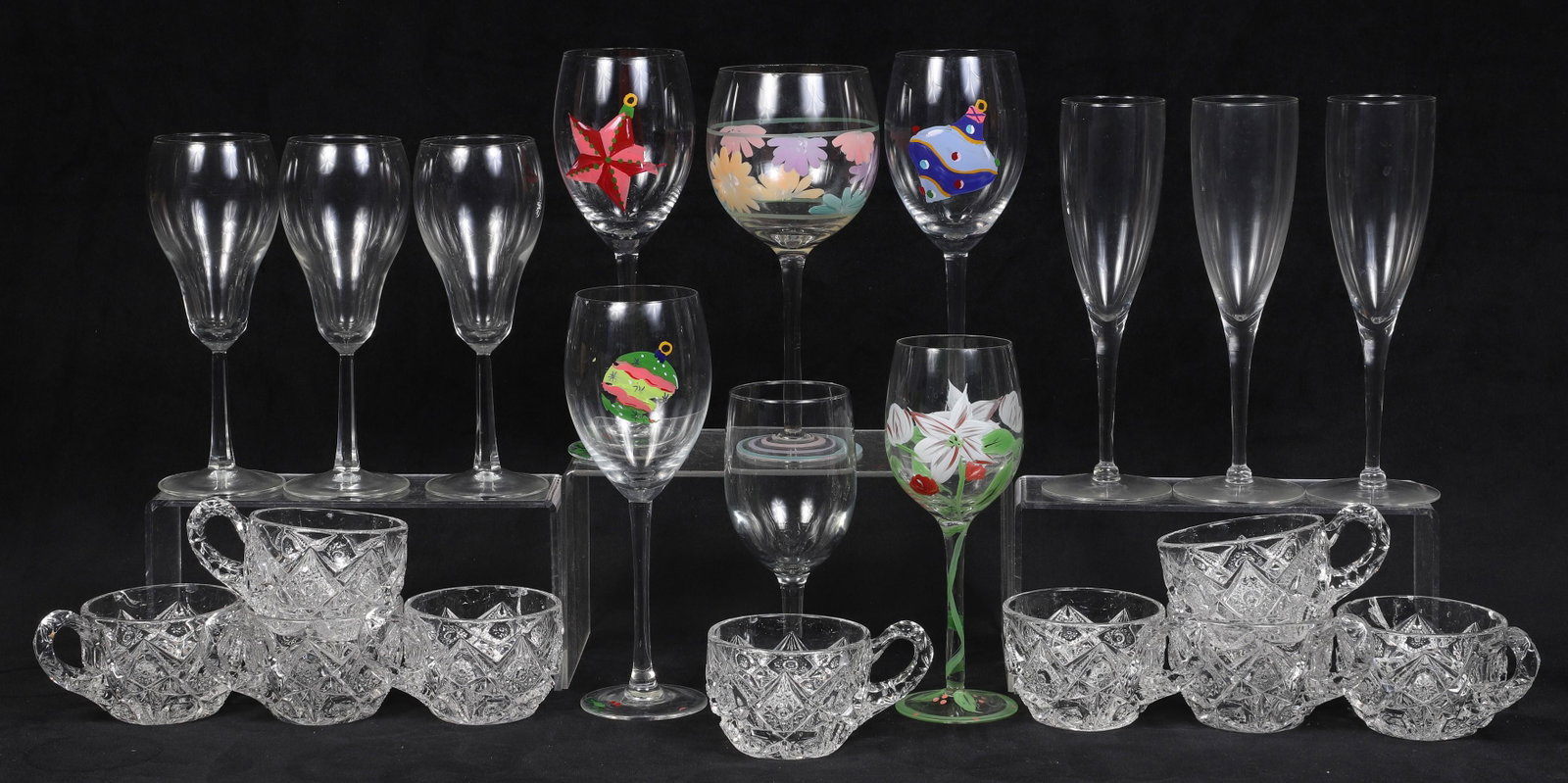 (21) Pcs Glassware: (23) Pcs glassware, including (9) pattern glass punch cups, (5) hand painted stems, (3) tulip wine glasses, (3) champagne flutes