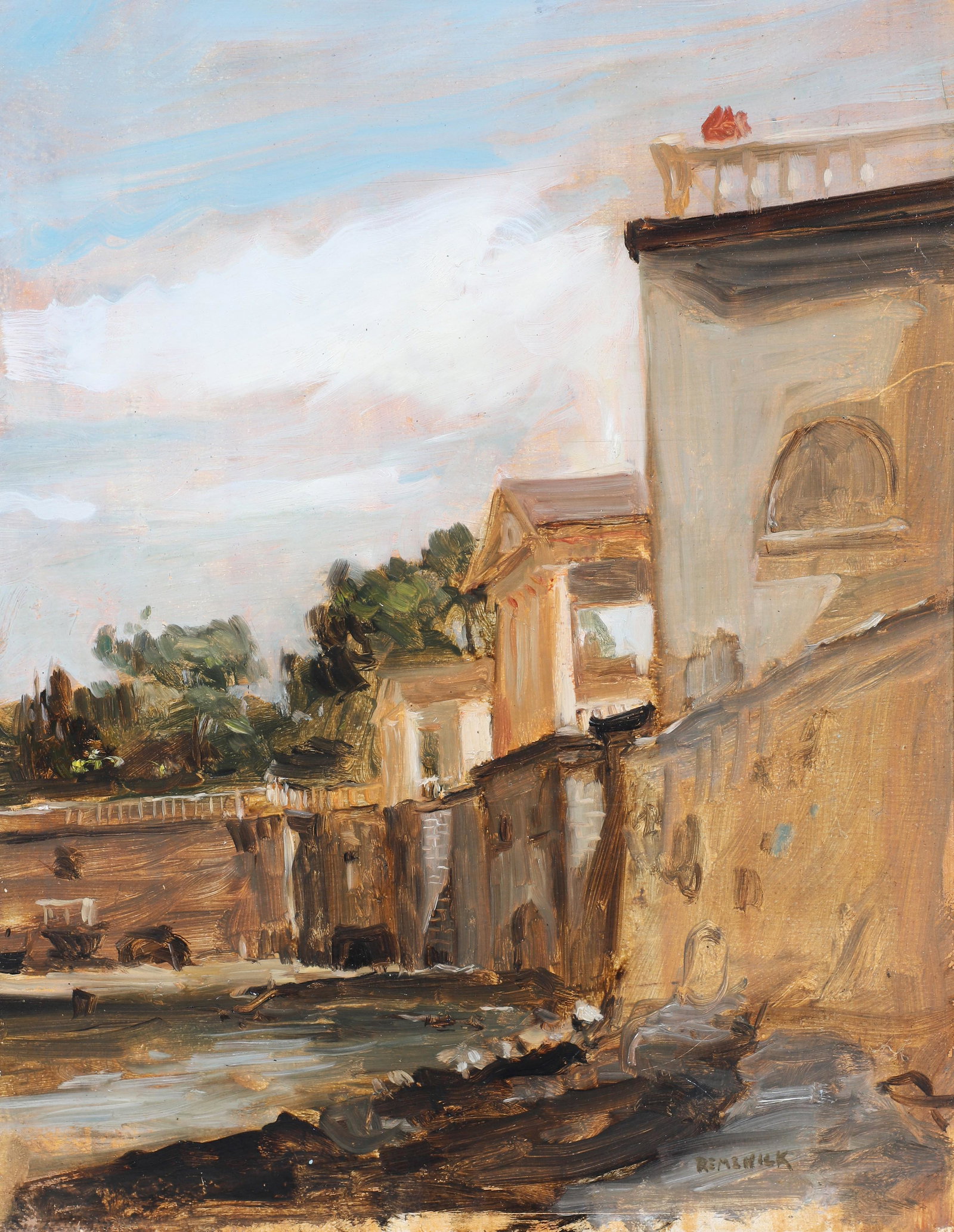Seymour Remenick "Greek Waterworks": Seymour Remenick (American, 1923-1999) PA artist, "Greek Waterworks Philadelphia", oil on wood panel, signed "Remenick", label on reverse from Davis Galleries NY, 14" x 11", framed 19" x 16", very goo
