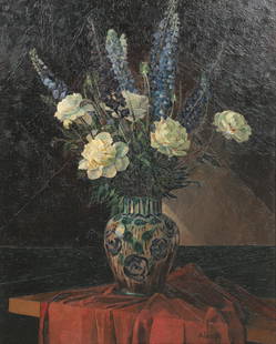 Andre Leveille Still Life Painting: Andre Leveille (French, 1880-1963) still life painting "Peonies and Delphiniums", oil on canvas, signed "A. Leveille", 38-3/4" x 31-3/4", framed 44-1/2" x 37", fair condition, puncture on right center