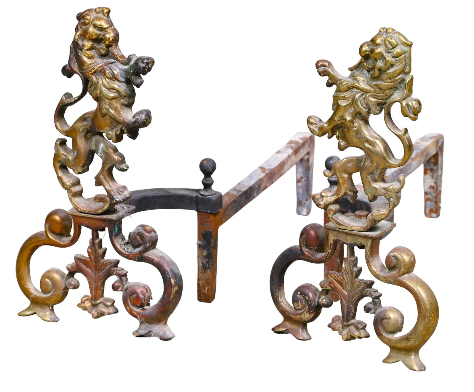 Pair French style gilt metal andirons w/ rearing lions (1 of 2)