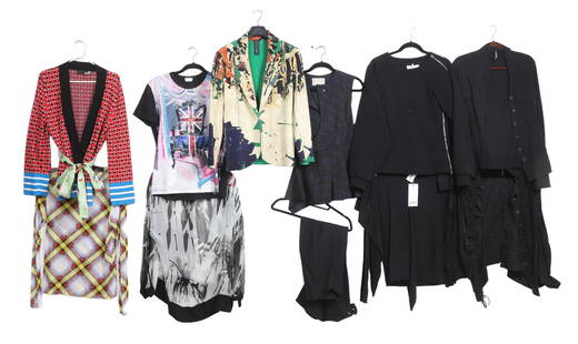 Designer Garment Group: Designer garment group to include Love Moschino long sleeve cardigan with waist tie, size cut out, Norma Kamali neoprene patterned blazer, S/36, Junya Watanabe/ Comme des Garcons chair ss t-shirt, M,