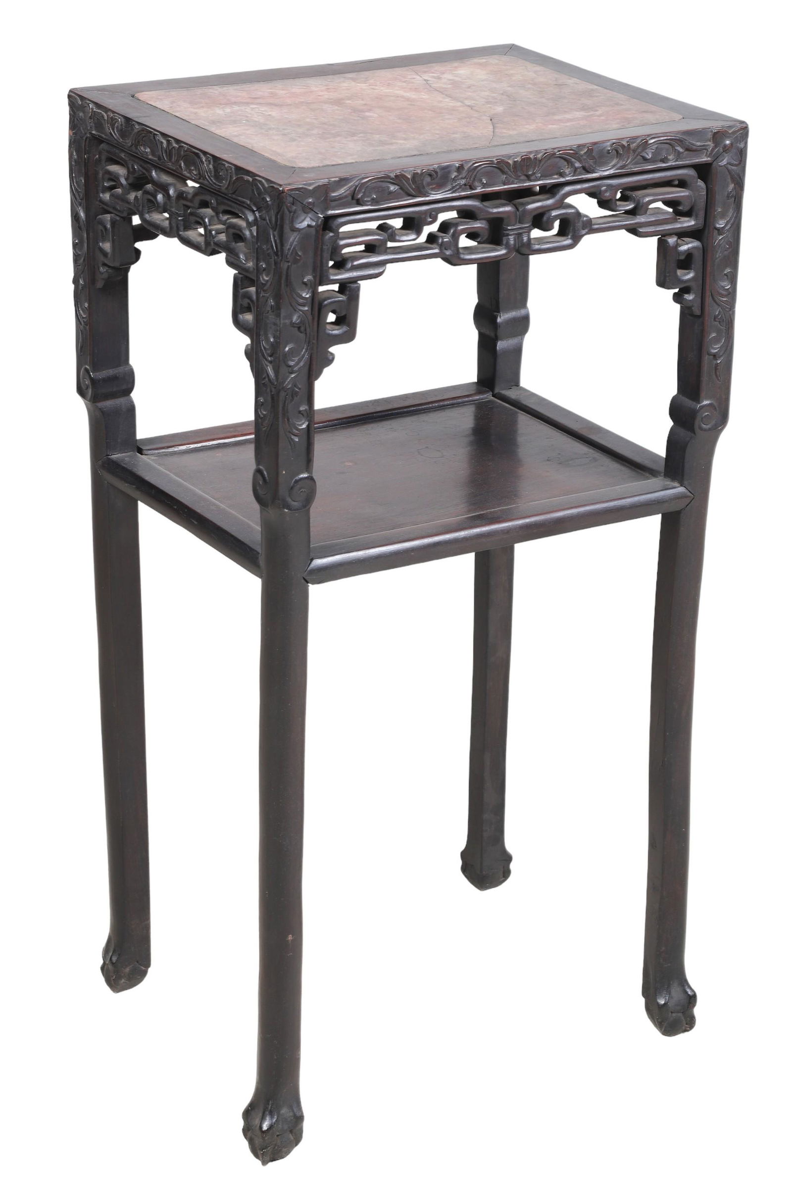 Chinese elmwood carved marbletop 2-tier side table (1 of 4)