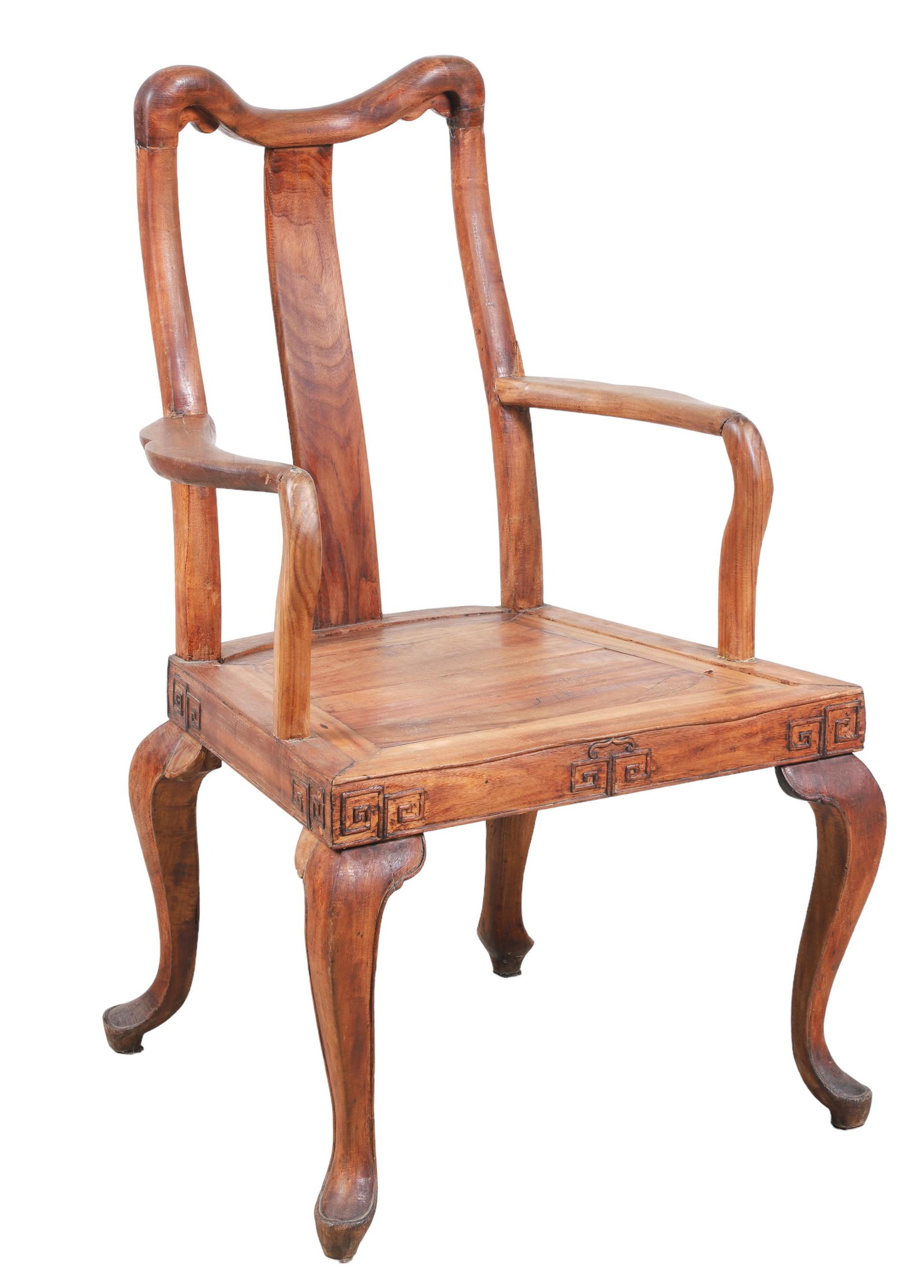 Chinese elmwood carved open armchair: Chinese elmwood carved open armchair, shaped and bentwood back, scalloped edge arms, carved decoration at corners, 42"h x 25"w x 21"d, loose arms