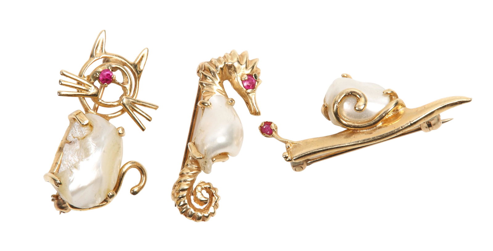 (3) 14K Baroque Pearl and Ruby Pins: (3) 14K baroque pearl and ruby pins to include snail, cat and seahorse, each with pearl belly and ruby eye, each approx 1-1/8", 5.6 DWT